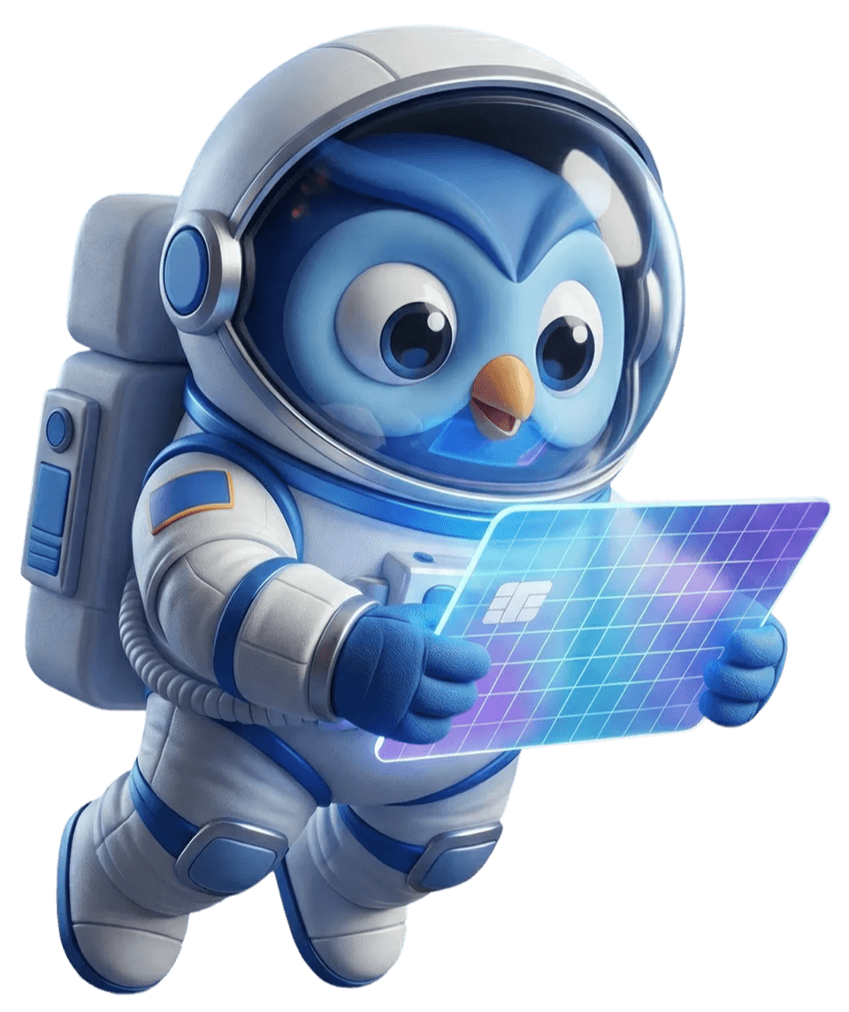 Wolly the owl astronaut holding a holographic gift card